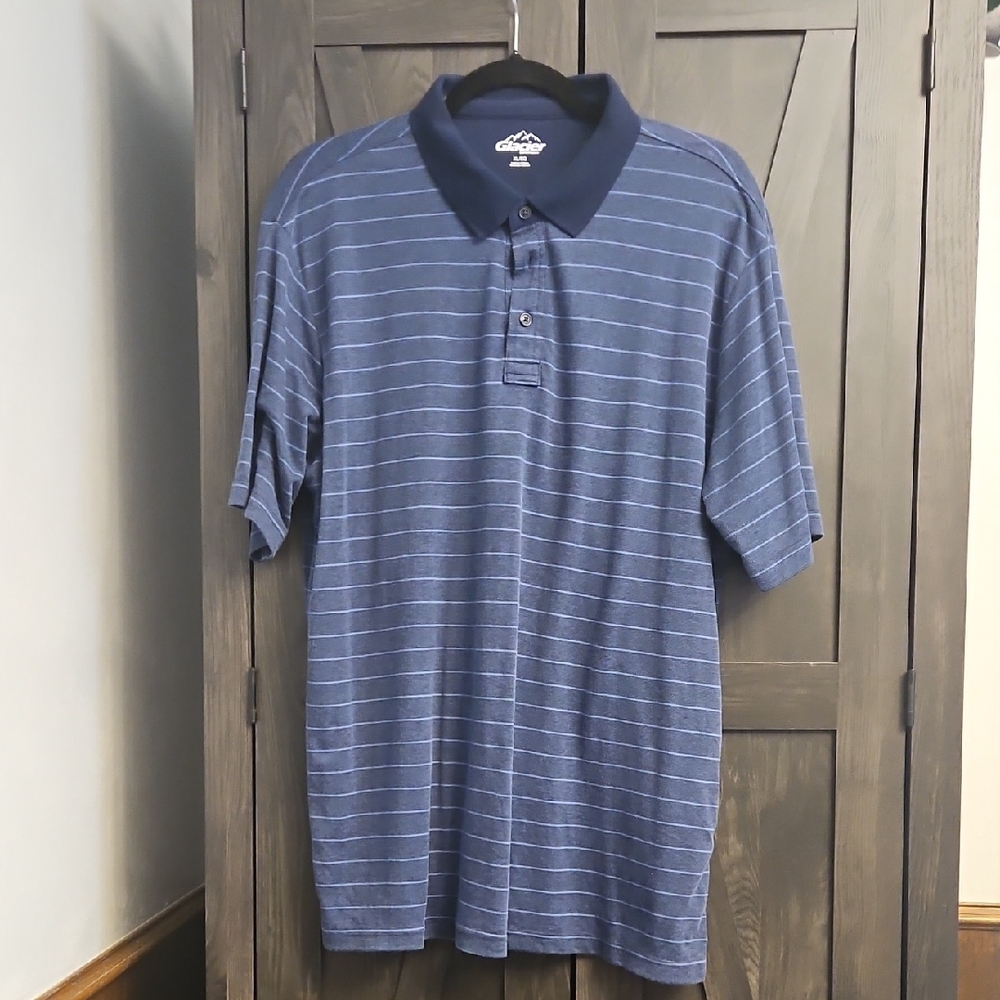 Glacier Performance Blue Striped Polo with Navy Collar